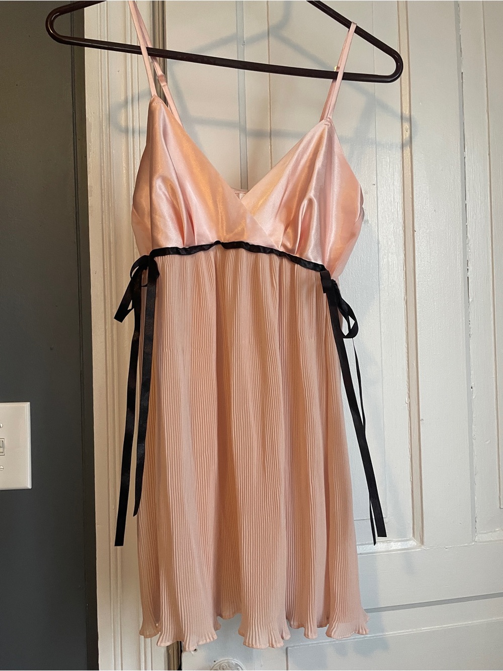 Women's Pink Satin & Pleated Sleep Chemise with Black Ribbon Trim
